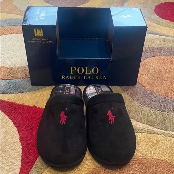 NIB MEN\'S POLO RALPH LAUREN MEN\'S LUXURY SLIPPERS BLACK‎ RED Ralph Lauren Declan II Black with Red Luxury Slippers main image 4